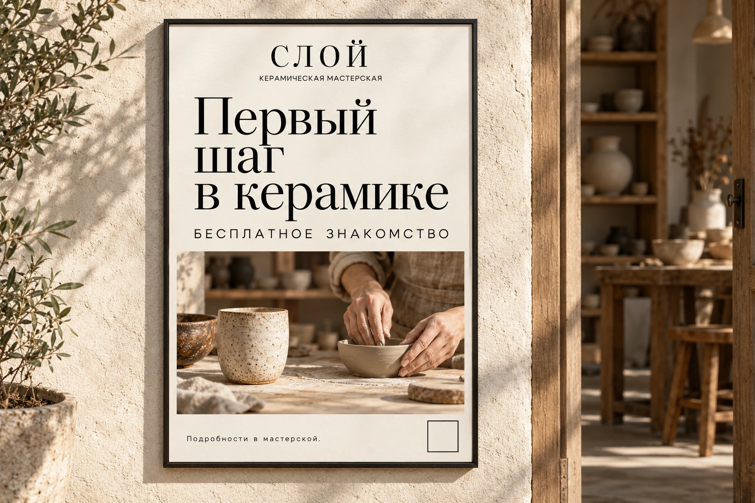 Мокап плаката мастерской СЛОЙ на светлой стене: крупный заголовок Первый шаг в керамике, приглашение на бесплатное знакомство и тёплая фотография